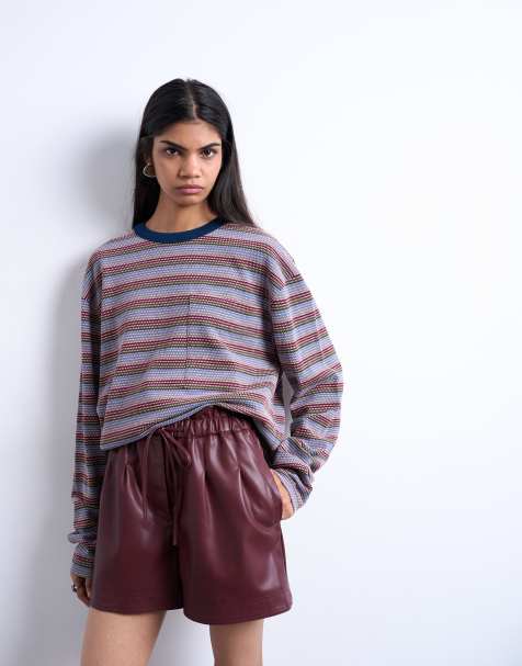Topshop faux leather paperbag shorts in burgundy - view 1