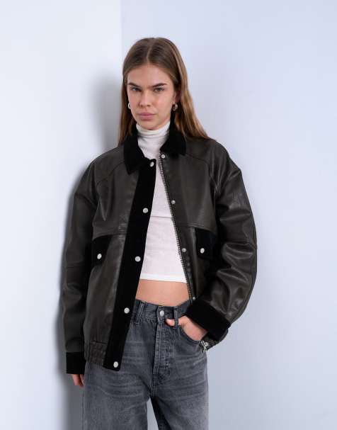 Topshop faux leather patch pocket jacket with faux suede contrast in brown