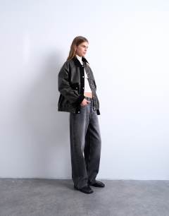 Model wearing Faux leather patch pocket jacket with faux suede contrast in brown