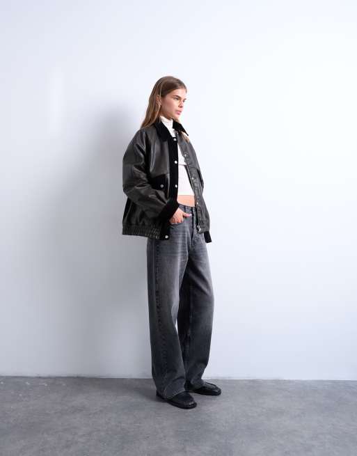 Topshop faux leather patch pocket jacket with faux suede contrast in brown, 2 of 4