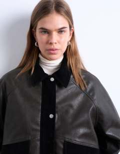 Model wearing Faux leather patch pocket jacket with faux suede contrast in brown