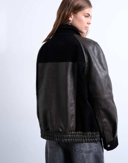 Topshop faux leather patch pocket jacket with faux suede contrast in brown, 4 of 4