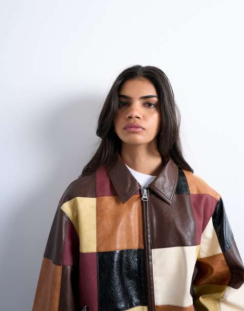 Topshop faux leather patchwork zip jacket in multi - view 1