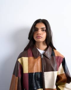 Faux leather patchwork zip jacket in multi