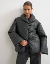 Topshop faux leather pillow scarf puffer jacket in black