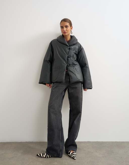Topshop faux leather pillow scarf puffer jacket in black, 2 of 4