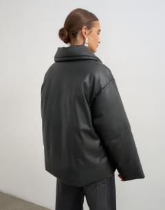 Model wearing Faux leather pillow scarf puffer jacket in black