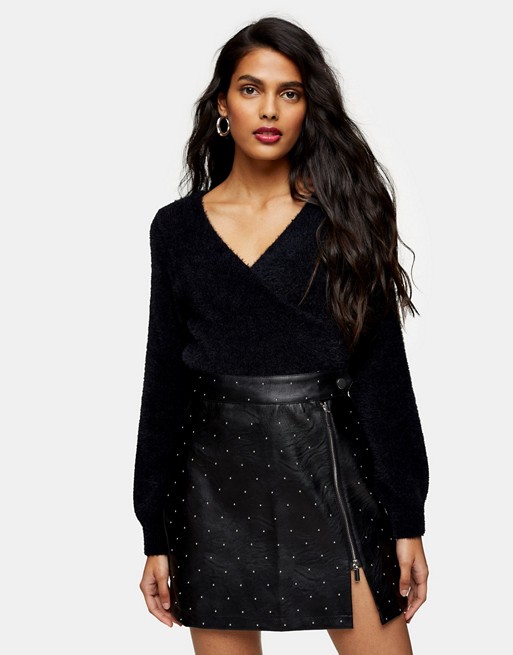 Topshop faux leather pin stud mini skirt in black