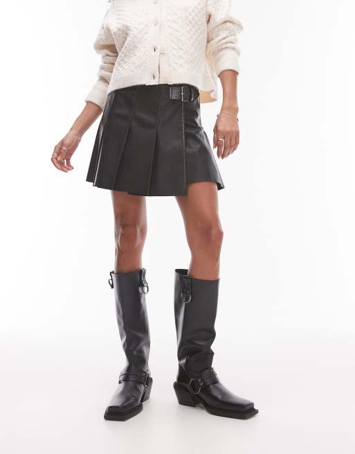 Topshop faux leather pleat low rise mini skirt in washed grey