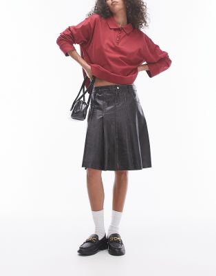 faux leather pleated 90s length skirt in washed dark brown