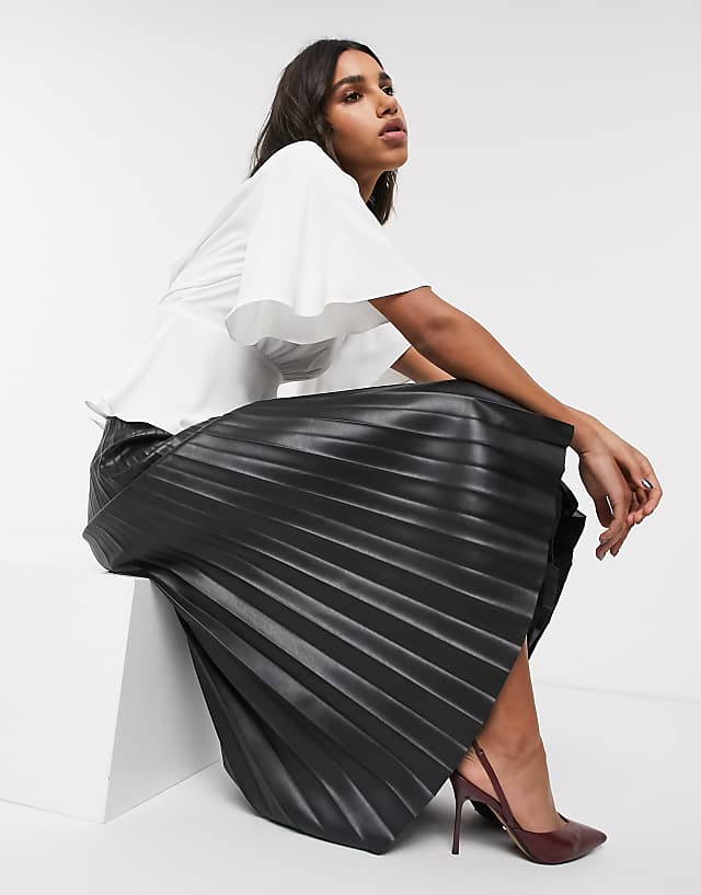 Topshop faux leather pleated midi skirt in black | ASOS