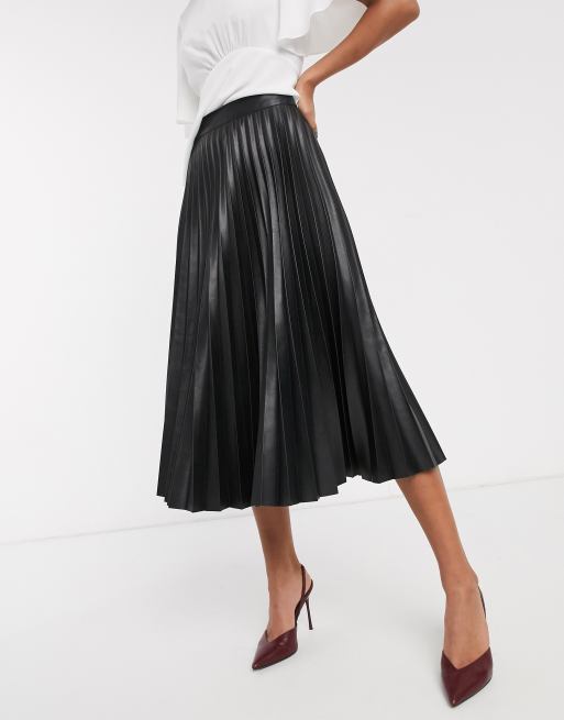 Faux Leather Black Pleated Midi Skirt