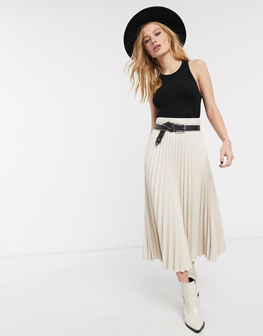 Topshop faux leather pleated midi skirt in cream