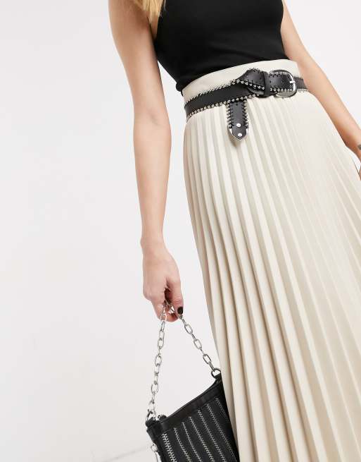 Topshop faux leather pleated midi skirt in cream