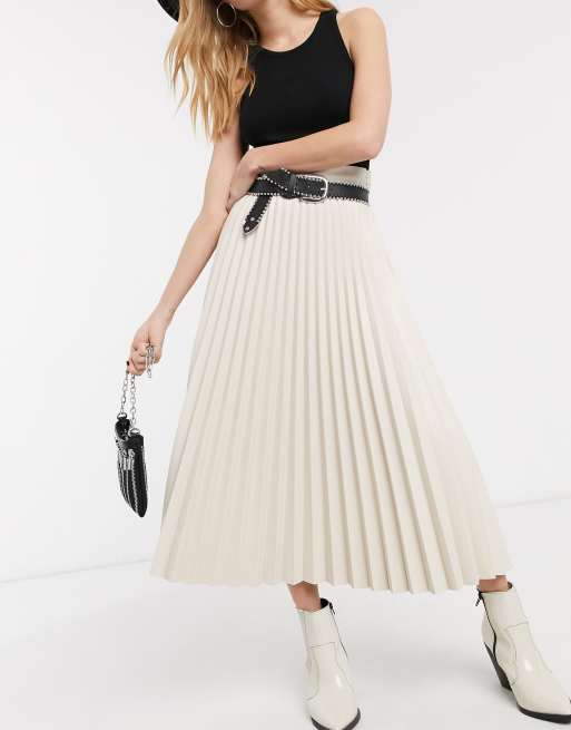 Topshop faux leather pleated midi skirt in cream