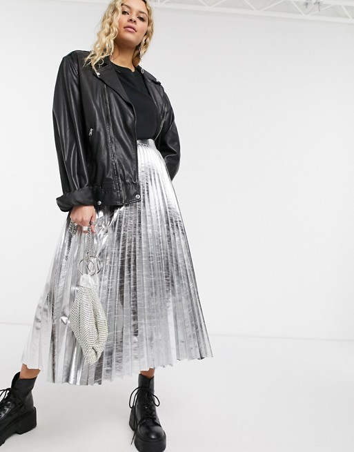 Topshop faux leather pleated midi skirt in silver