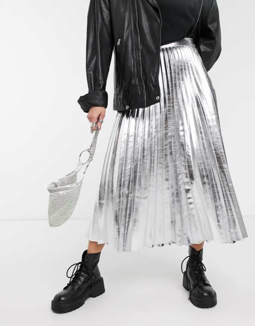 Topshop faux leather pleated midi skirt in silver