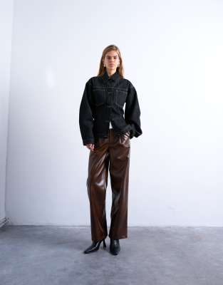 Topshop Faux Leather Pleated Straight Leg Pants In Black