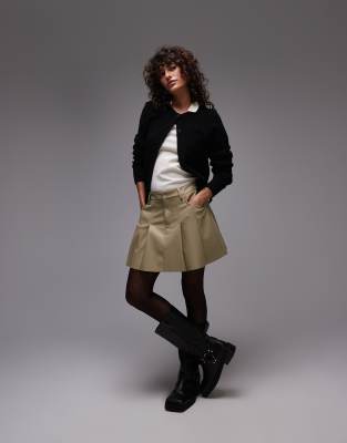 Topshop Faux Leather Pocket Pleat Mini Skirt In Sage-green
