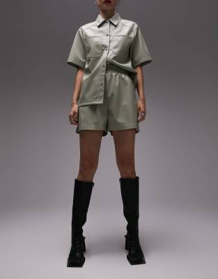 TOPSHOP FAUX LEATHER PULL ON SHORTS IN SAGE - PART OF A SET-GREEN