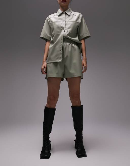 Topshop faux leather pull on shorts in sage - part of a set
