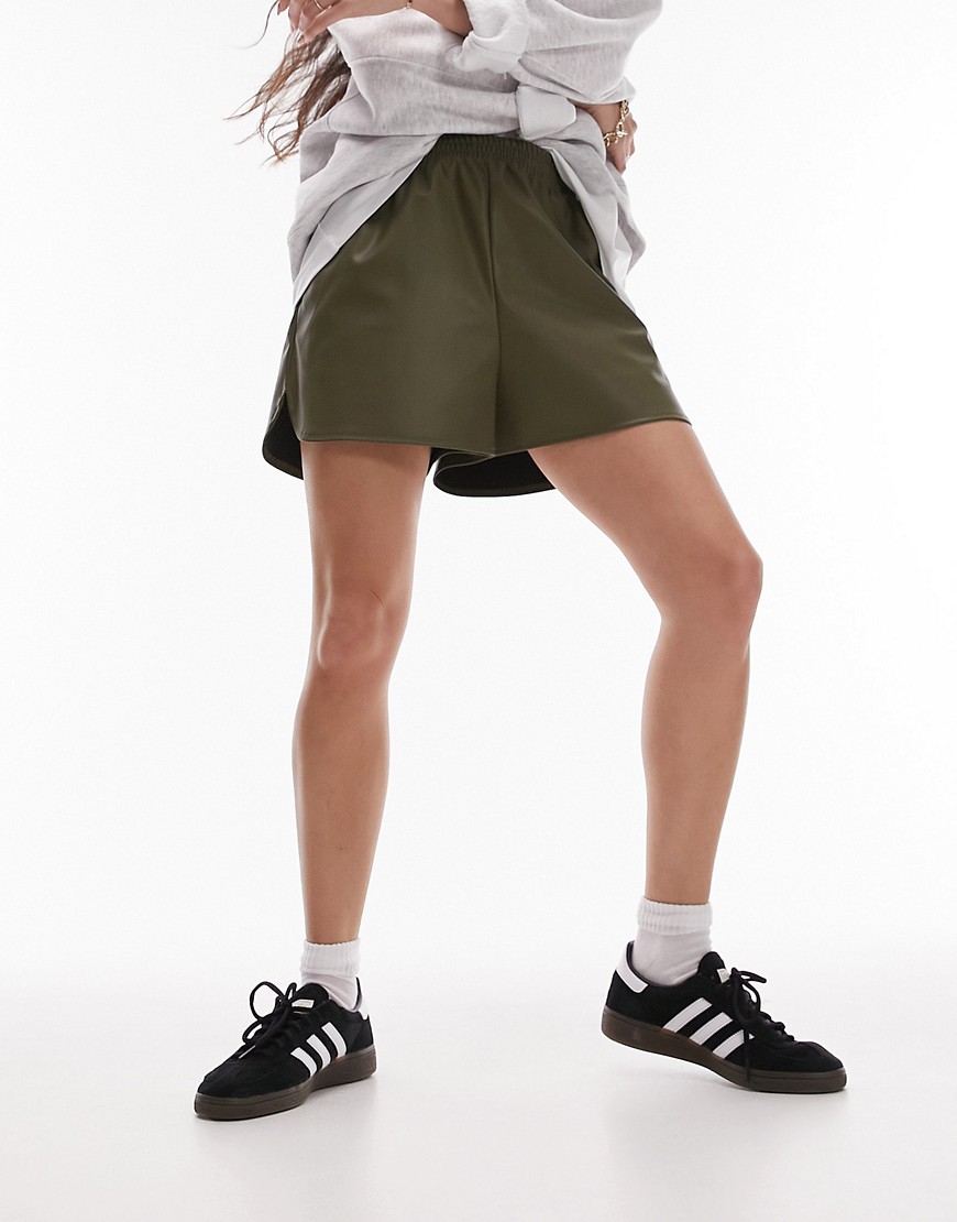 Topshop faux leather runner short in khaki-Green