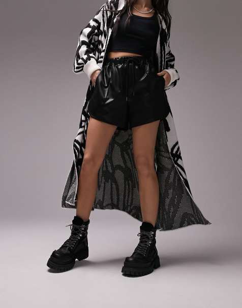 Topshop faux leather runner shorts in black - view 1