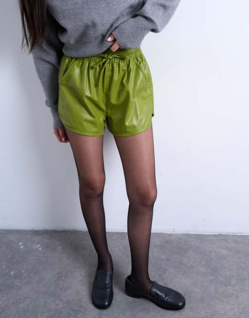 Topshop faux-leather runner shorts in green, 2 of 5