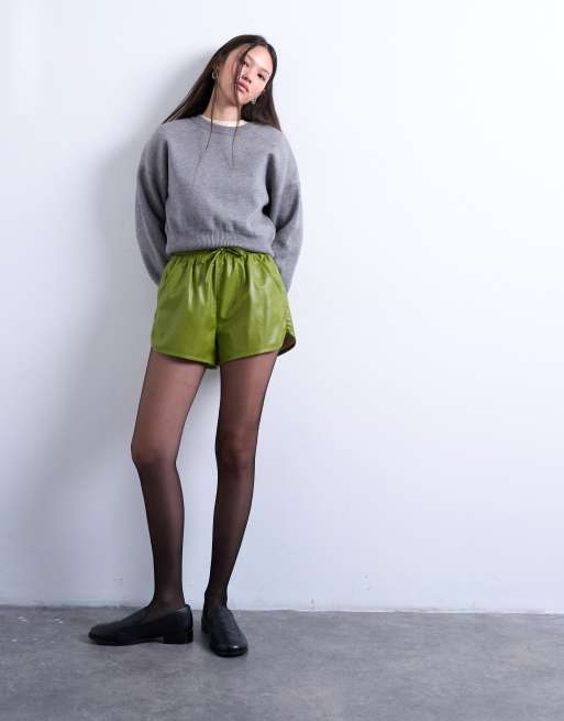 Topshop faux-leather runner shorts in green, 3 of 5