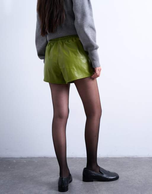 Topshop faux-leather runner shorts in green, 4 of 5