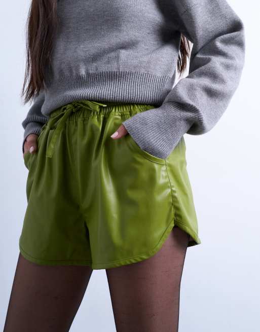 Topshop faux-leather runner shorts in green, 5 of 5
