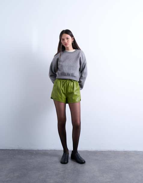 Topshop faux leather running shorts in green - view 1