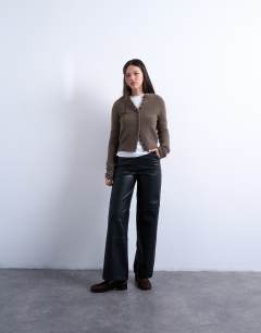 Faux leather seam detail straight leg trouser in black