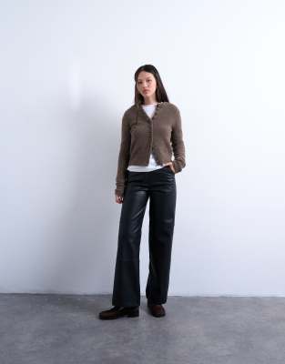 Topshop Faux Leather Seam Detailing Straight Leg Pants In Black