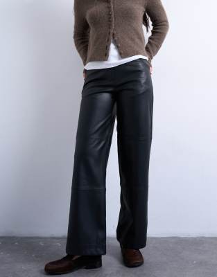 Topshop Faux Leather Seam Detailing Straight Leg Pants In Black