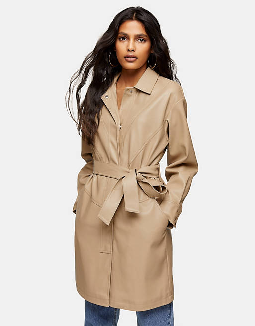 Topshop faux leather seamed coat in camel