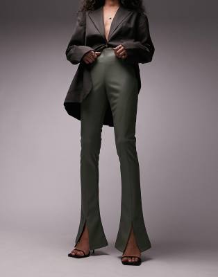 Shop Topshop Faux Leather Seamed Flare Pants In Green