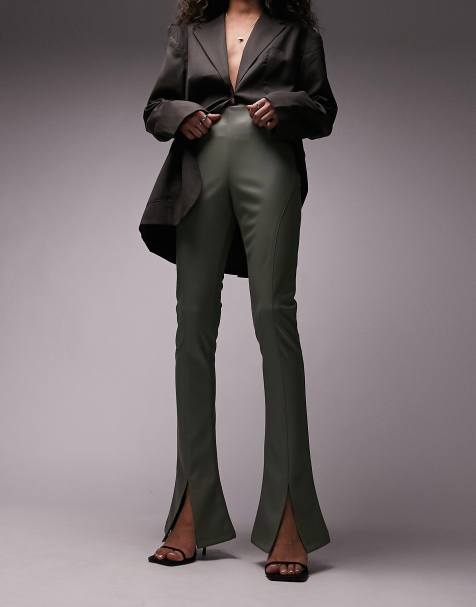 Topshop faux leather seamed flare trouser in khaki