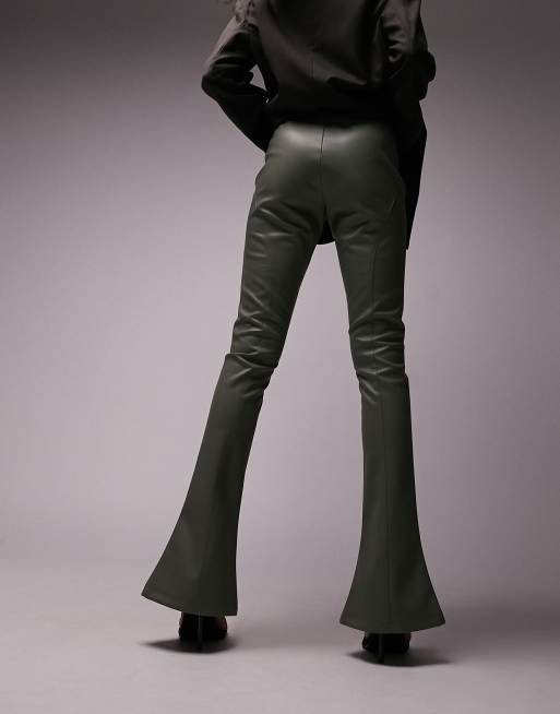 Topshop faux leather seamed flare pants in khaki ASOS