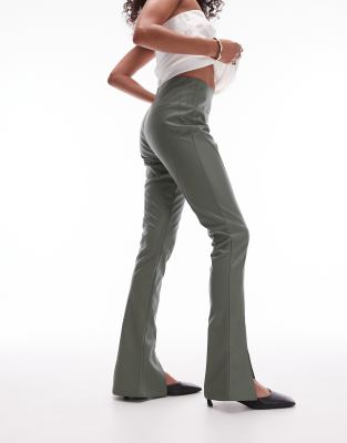 faux leather seamed flare pants in khaki-Green