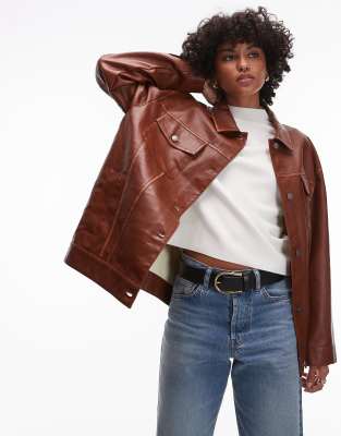 faux leather shacket in rust-Brown