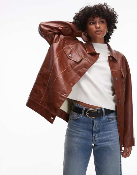 Topshop faux leather shacket in rust - view 1