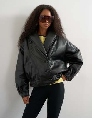 Topshop Faux Leather Shawl Collar Bomber Jacket In Black