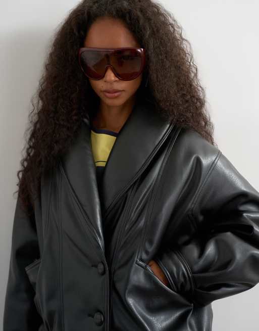 Topshop faux leather shawl collar bomber jacket in black, 4 of 4