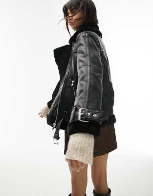 Topshop faux leather shearling aviator biker jacket in black