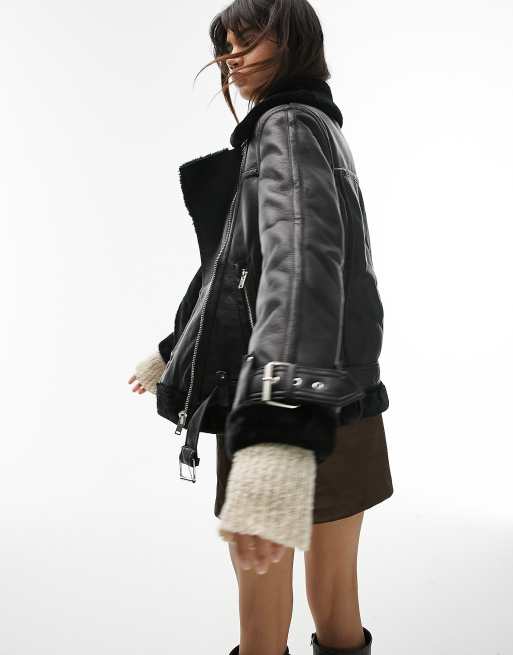 Topshop Petite faux leather shearling aviator biker jacket in