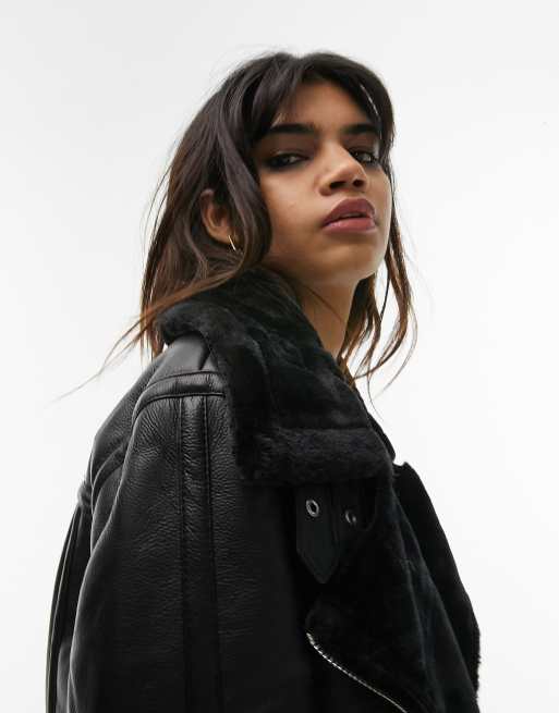 Topshop faux leather shearling aviator biker jacket in black