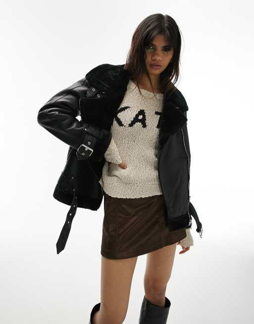 Topshop Petite Faux Leather Shearling Lined Biker Jacket In Brown