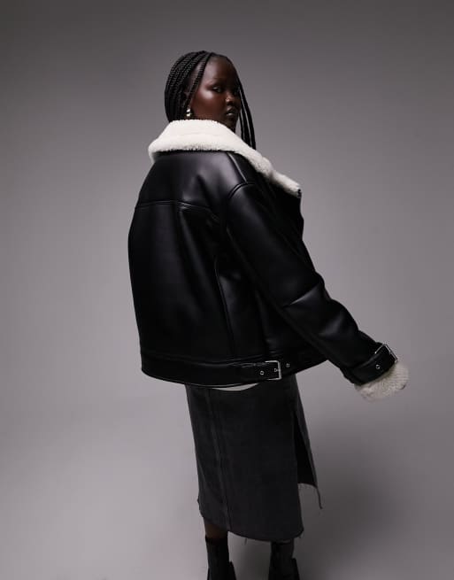 Topshop faux leather shearling aviator biker jacket in black