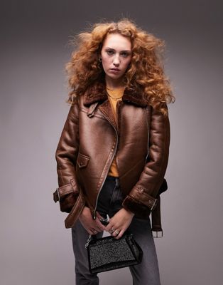 Topshop faux leather shearling aviator biker jacket in chocolate